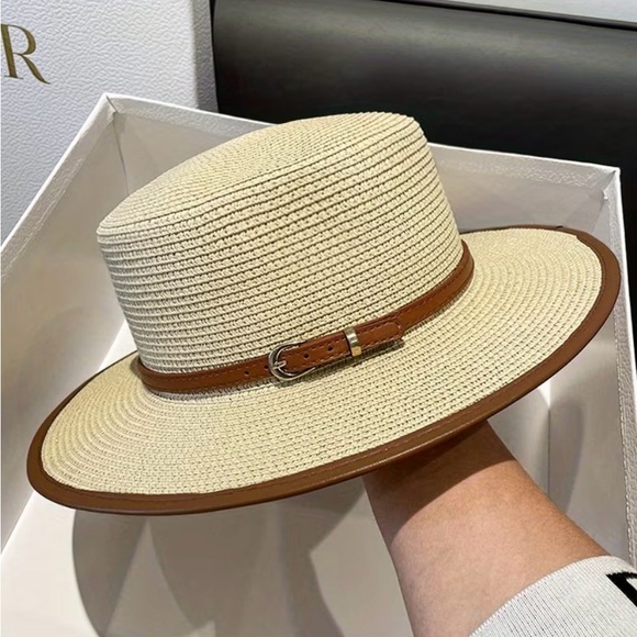 Accessories - Women’s Straw Panama Hat with Brown Trim and Buckle
